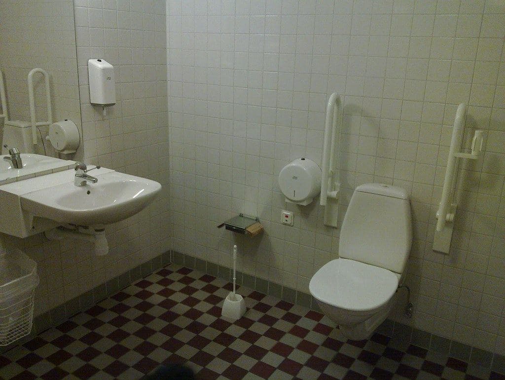 An accessible toilet with fold-down support rails on both sides and a grab bar on the wall