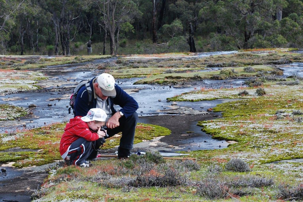 A grandfather crouching beside a small child by a rocky stream, looking at the water together